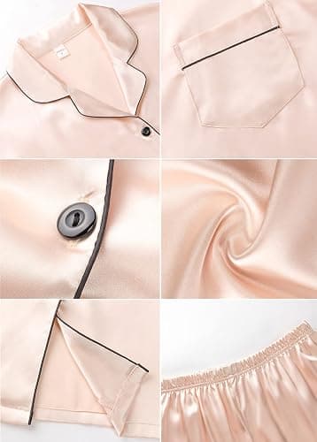 Gemschest Women Silk Satin Pyjamas Set: Ladies Pajamas Bottoms Short Sleeve 2 Piece Pjs Soft Button-down Woman Nightwear thumbnail 6