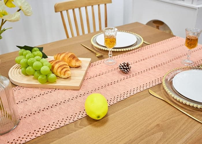FEXIA Pink Table Runner 72 Inches Long with Tassels Boho Farmhouse Macrame Summer Pink Room Dining Bedroom Baby Bridal Shower Decor(12x72 Inches) thumbnail 5
