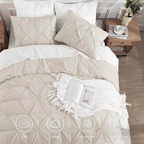 Andency Beige Comforters Queen Size, 3 Pieces Cream Bedding Set & Collections for Women Men, All Season Soft Fluffy Lightweight Pinch Pleat Bed Comforter Set (90x90Inch) thumbnail 4