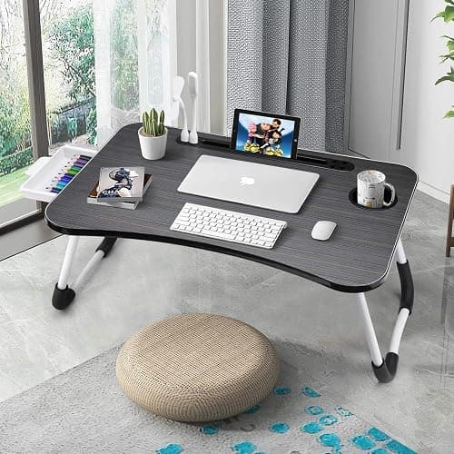 Slendor Lap Desk with Tablet Slot, Foldable Laptop Table with Storage Drawer for Bed，Portable Bed Desk for Laptop, Computer Tray with Cup Holder Notebook Stand Reading Holder for Couch Floor, Black thumbnail 5
