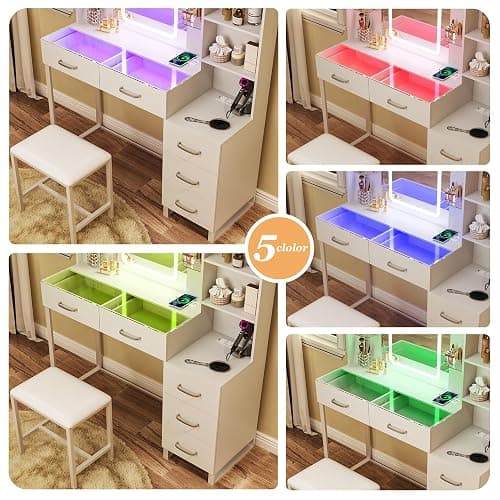 HUAHUU Vanity Desk with Mirror and LED Lights, 43" Makeup Vanity with Glass Top & Wireless Charging, Vanity with RGB Drawers, 3 Colors Light, Power Outlet Safety Switch for Bedroom, White thumbnail 7