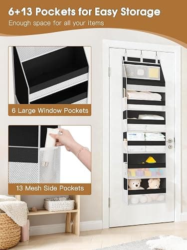 Criusia Over the Door Organizer, Heavy-Duty 6-Shelf Hanging Storage with 13 Mesh Pockets, 55lbs Capacity Behind the Door Storage for Nursery, Bathroom, Bedroom, and Dorm, Black thumbnail 6