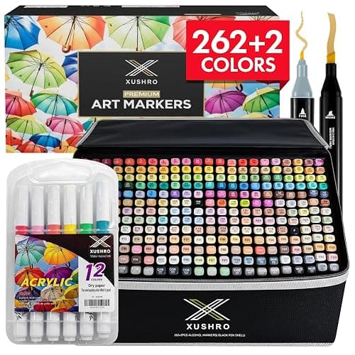 Xushro Dual Tip Alcohol Markers Set – Black 262+2 Fine & Chisel Tips Drawing Kit with 12 Extra Acrylic Paint Markers, No Bleed & Blending Marker Sets for Adults and Kids Coloring Books & Drawing Stuff - Image 1