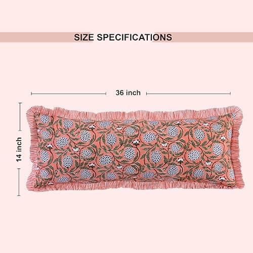 Ridhi Dark Salmon Pink 100% Cotton Block Print Ruffle Lumbar Sham Cover Handmade Boho Floral Pillowcase, Farmhouse Cottagecore Bedding, Soft Decorative Cushion Cover for Bedroom Décor 14 x 36 Inch thumbnail 2