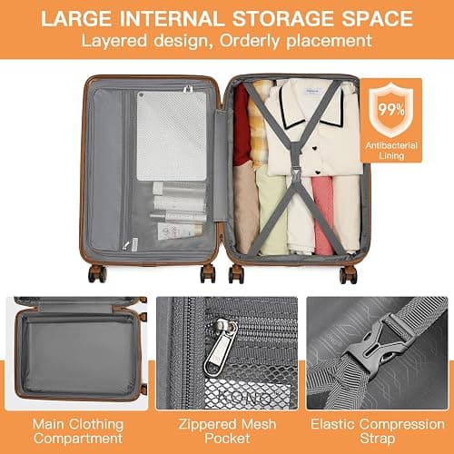 Kono Lightweight 24 Inch Expandable Luggage with Quiet Spinner Wheels TSA Lock, Scratch and Drop Resistant PC+ABS Hardside Durable Medium Checked Suitcase, Cream White & Brown thumbnail 6
