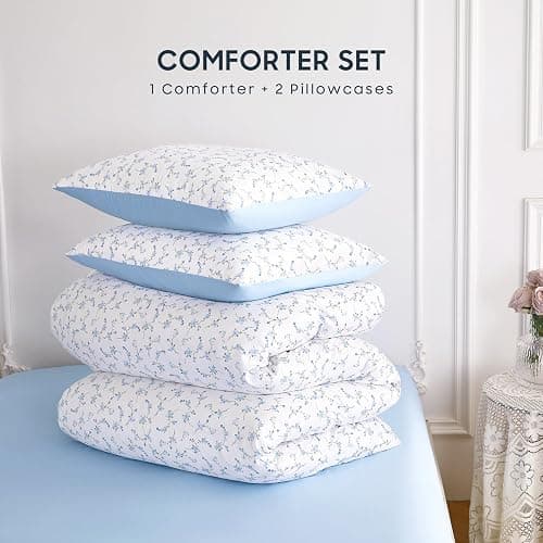 Wake In Cloud - Floral Comforter Set, Coquette Cottagecore Aesthetic Cute Flower Pattern for Women Teen Girls, Soft Lightweight Dorm Bedding, 3 Pieces, Blue White, Full Size thumbnail 2