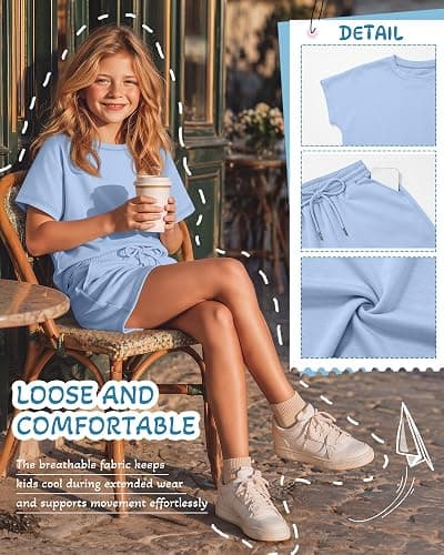 JoyMotion Girls 2 Piece Summer Outfits 5-14y Kids Short Sleeve T-shirt Drawstring Shorts Tween Matching Sets thumbnail 5