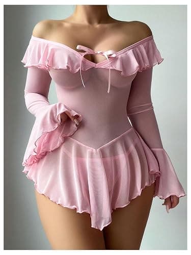 OYOANGLE Women's 2 Piece Off Shoulder Long Sleeve Ruffle Mesh Sheer Nightgowns with Thongs Babydoll Lingerie Set thumbnail 5
