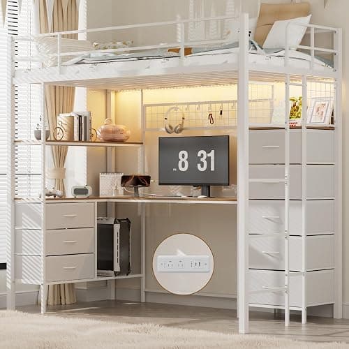 SAHISTCT Twin Size Loft Bed with Desk, LED Lights, Charging Station, Industrial Loft Bed Frame with 3 Storage Shelves and 8 Fabric Drawers, Safety Guard & Ladder,LED Metal Twin Size Bunk Bed (White) - Image 1