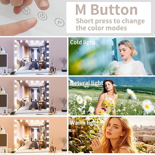 Hibtn Hollywood Vanity Mirror With Lights,50×60cm Lighted Makeup Mirror with 17 Dimmable Led Bulbs,Touchscreen Control,Tabletop,Wall Mounted,10X Magnifying White thumbnail 3
