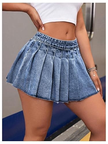 MakeMeChic Women's Pleated Denim Skirt Low Waist Raw Hem A Line Zipper Mini Jean Skirt thumbnail 4
