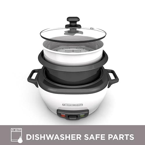 BLACK+DECKER Rice Cooker 6-Cup (Cooked) with Steaming Basket, Removable Non-Stick Bowl, White thumbnail 7