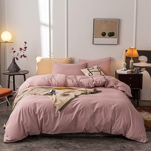 Janlive Washed Cotton Duvet Cover Queen Ultra Soft 100% Cotton Solid Color Dusty Pink Duvet Cover Set with Zipper Closure -3 Pieces Pink Queen - Image 1