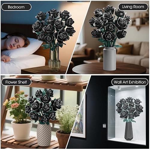 Black Roses Bouquet Building Set, 634Pcs Artificial Roses with 3 Blooming Stages, DIY Floral Home Office Decor for Women, Adults & Kids Ages 6+, Gift for Birthday Valentine's Day Halloween Christmas thumbnail 6