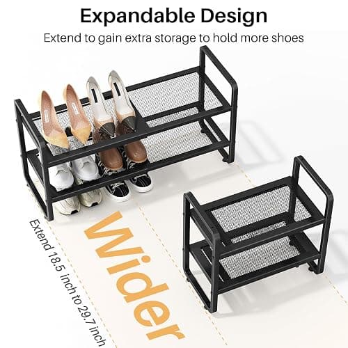 SNTD Shoe Rack - Expandable Shoe Organizer for Closet, Adjustable Metal Shoe Shelf Storage, Stackable Long Shoe Stand Holder for Garage, Entryway, Door Entrance (Black, 2-Tier) thumbnail 4
