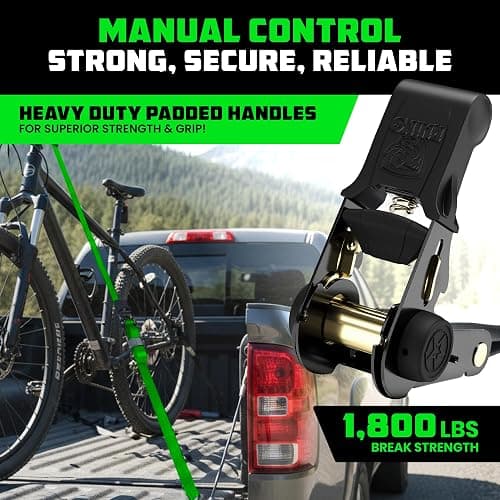 Rhino USA Ratchet Straps Tie Downs (4-Pack) - 1 Inch x 15 Feet (1,823lb Break Strength) - Ultimate Tie Down Straps with Safety S Hooks - for Trucks, Cargo, Moving, Appliances - Green thumbnail 2