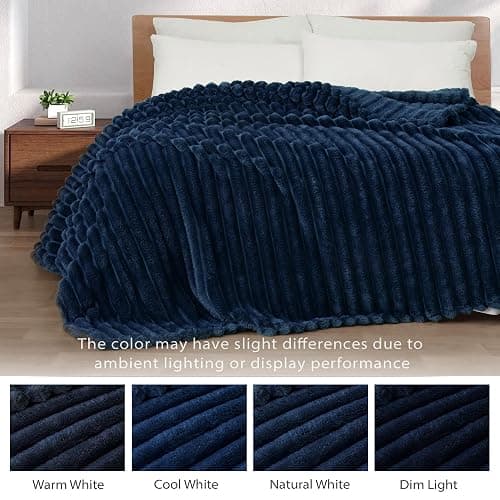 Exclusivo Mezcla Fleece Throw Blanket for Couch, Super Soft Striped Jacquard Bed Blanket, Lightweight Fuzzy Cozy for All Seasons, 50x60 Inches, Navy Blue thumbnail 4