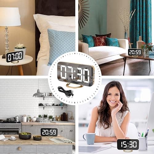 SZELAM Digital Alarm Clock,LED and Mirror Desk Clock Large Display,with Dual USB Charger Ports,3 Levels Brightness,12/24H,Modern Electronic Clock for Bedroom Home Living Room Office - Gold thumbnail 6