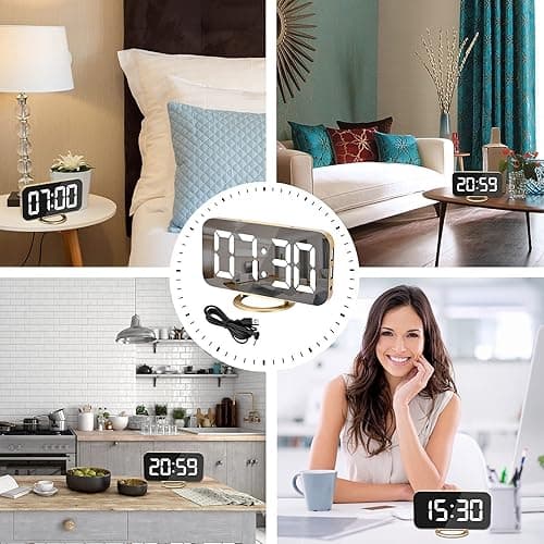SZELAM Digital Alarm Clock,LED and Mirror Desk Clock Large Display,with Dual USB Charger Ports,3 Levels Brightness,12/24H,Modern Electronic Clock for Bedroom Home Living Room Office - Gold - Gold thumbnail 6