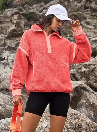 Yanekop Womens Quarter Zip Pullover Sherpa Fleece Jacket Oversized Zip Up Sweatshirt Half Zip Pullover Fuzzy Outerwear thumbnail 3