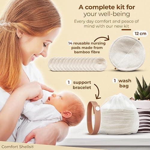 Comfort Shells® Reusable Nursing Pads – 14 Pack Ultra Soft Breast Pads + Laundry Bag + Nursing Clip Bracelet – Washable, Hypoallergenic – Absorbs Breast Milk Leaks thumbnail 2