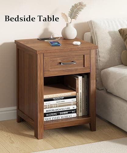 Decofy Farmhouse Nightstand with Charging Station, Walnut | AC Outlets, USB And Type C Ports, Drawer Storage, Open Shelf, Modern End Table For Bedrooms and Living Rooms thumbnail 7