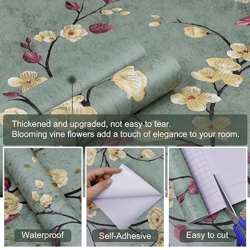 SOON AFTER 17.5”x120” Floral Peel and Stick Wallpaper Flower Tree Contact Paper Self Adhesive Removable Modern Sage Green Wall Paper Decorative Wall Covering Countertop Vinyl Film Roll thumbnail 4