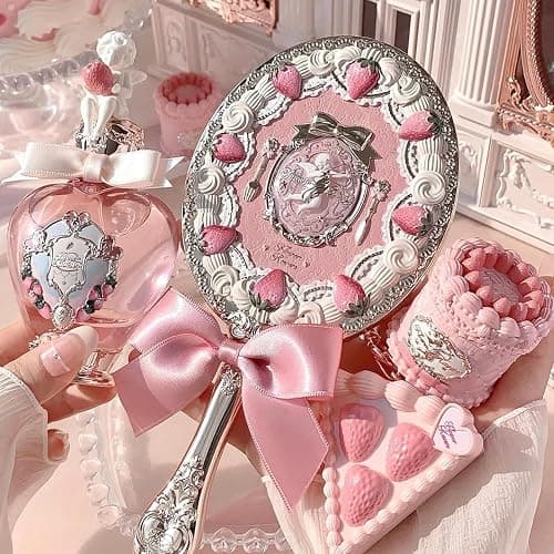 Flower Knows Strawberry Cupid Hand Mirror,Vintage Handheld Mirror,Fancy & Pretty Princess Mirror with Long Handle,Gift for Girls & Women(Milk Pink) thumbnail 4