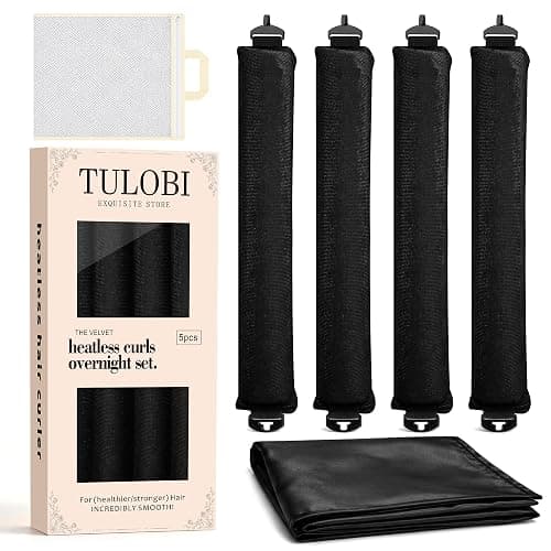 TULOBI Heatless Curls Overnight, 4PCS Jumbo Velvet Curling Rods, Black | No Heat Blowout Hair Rollers with Satin Scarf and Mesh Bag, Comfortable Sleep-in Rods for Long Thick Fine Hair - Image 1