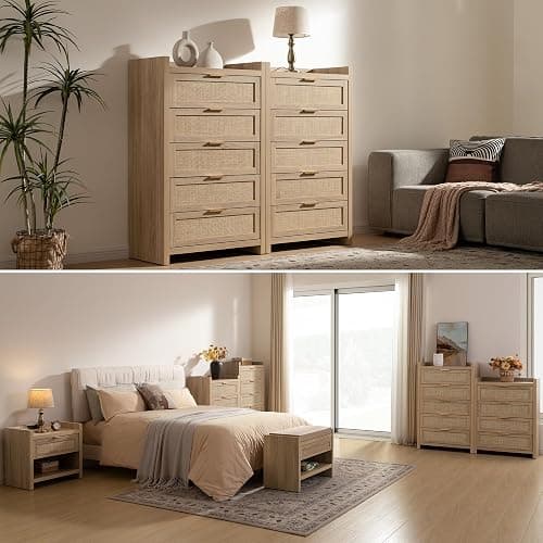 SICOTAS Dresser for Bedroom Chest of Drawers 46" Tall Dresser for Closet with 5 Rattan Drawers Boho Night Stand Large Clothes Storage Cabinet for Living Room Hallway Nursery Entryway - Reclaimed Light Oak/5 Drawers - 1 Piece thumbnail 6