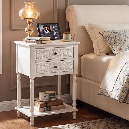 COSIEST Antique White 2-Drawer Nightstand with Open Shelf, 28.5 Inch Tall French Vintage Bedside Table, Hand-Carved Floral End Table for Living Room - Image 1