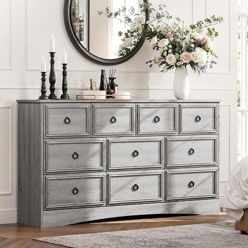 HolliWill Grey 10 Drawer Dresser, 59" Large Dresser for Bedroom, Wood Chests of Drawers with Textured Borders, TV Stand for 70 inch TV, Rustic Storage Dressers Organizer for Bedroom, Hallway thumbnail 2