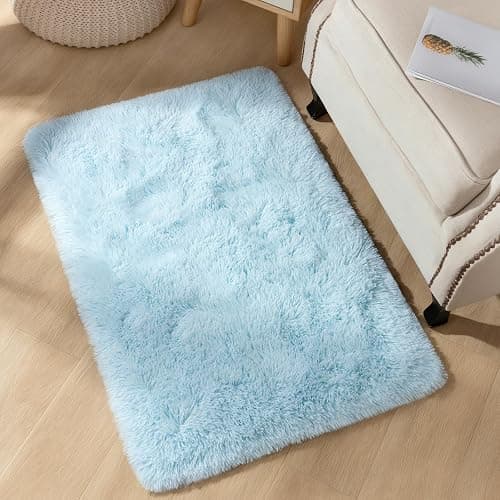 YJ.GWL Area Rugs for Bedroom, 2x3 Door Mat Washable Small Light Blue Bedside Rug,Fluffy Shaggy Entryway Rugs for Living Room, Shag Indoor Floor Carpet for Kids Boy and Girls, Home Decor Aesthetic - Image 1