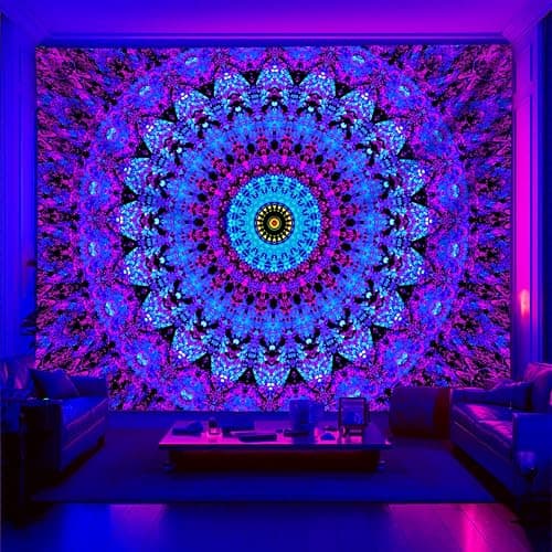 PSYHILAR Blacklight Mandala Boho Tapestry, Black Light Bohemian Hippie Poster for Adults and Teens, UV Reactive Aesthetic Wall Art Decor for Bedroom (60 x 50 Inches) - Image 1