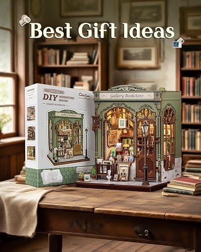 CUTEBEE DIY Book Nook Kit, Miniature House Kits for Adult and Teens, DIY Miniature Book Nook kit with Sensor Led Light, Gifts for Lovers and Family (Gallery Bookstore) thumbnail 2