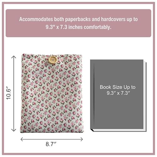 Zosiana Designs Floral Book Sleeve - Elegant Book Cover with Wooden Button, Cotton Padded Protector for Paperbacks & Hardcovers, Ideal for Book Lovers, Durable Design (White & Roses, Large) thumbnail 3