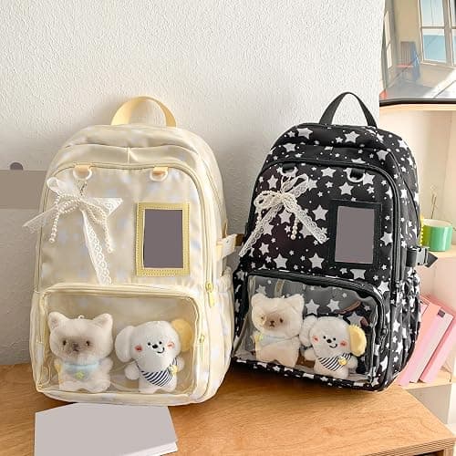 SDSFGX Kawaii School Backpack for Girls Casual Travel School Bags Cute Y2k Daypack with Lace Tie PVC Display Window & Cute Plush Toy thumbnail 5