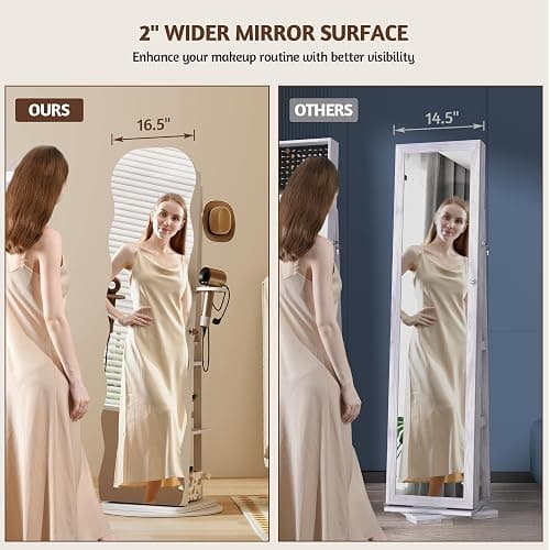 Vlsrka 360° Swivel Jewelry Aromire with Wavy Mirror, Lockable Jewelry Organizer Mirror Full Length, Rotatable Standing Mirror with Storage, Jewelry Cabinet, Interior Mirror, Flodable Shelf, White thumbnail 8