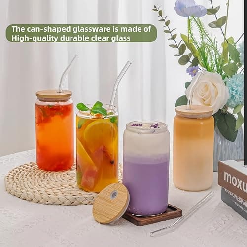 Siocok 500ml Can Shaped Glass Cups Set, Drinking Glasses with Bamboo Lids and Glass Straw, Reusable Can Shaped Cups Set,for Smoothies, Beer, Cola, Juice, Soda,Cocktail, Milk thumbnail 2