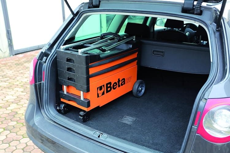 Beta C27S Gray Collapsible Rolling Tool Cart | 200 Pound Load Capacity | Heavy-Duty Mobile Metal Tool Trolley | 4” Steering Wheels with Brakes | Thermoplastic Worktop | Keyed Lock thumbnail 2