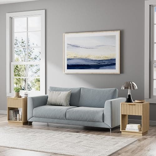 FavourLife 18"W Modern Fluted Nightstand with Charging Station, Natural Oak | Bedroom, Sofa, Home Office, FSC-Certified MDF, Curved Corner, Metal Handle, Open Shelf, Night Stand, End Table,Bed Side Table thumbnail 8