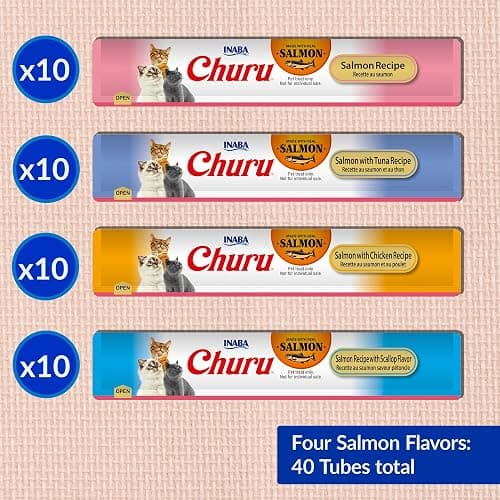 INABA Salmon Churu Cat Treats, Lickable, Squeezable Creamy Purée Cat Treat with Green Tea Extract & Taurine, 0.5 Ounces Each Tube, 40 Tubes, Salmon Variety Box thumbnail 6