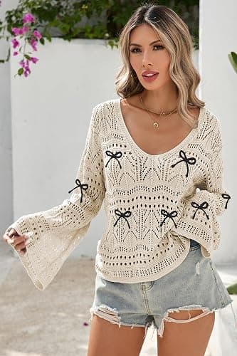 Cakulo Womens Summer Fall Crochet Bell Sleeve Tops Off The Shoulder Knit Sweater Top Fashion Beach Cover Up thumbnail 4