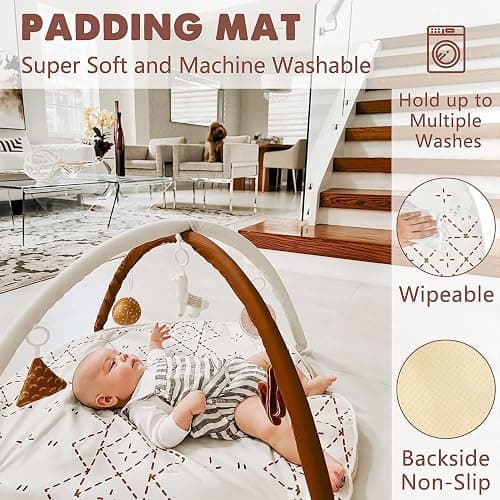 Baby Play Mat, Macrame Activity Gym Stage-Based Sensory and Motor Skill Development Language Discovery Baby Play Gym and Playmats for Newborn with 6 Featured Toys Thicker and Non Slip Mat - Macrame thumbnail 6