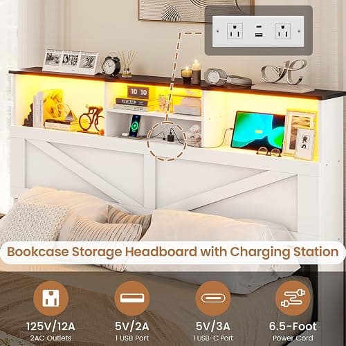 VIAGDO Farmhouse Bed Frame Full Size with Bookcase Storage Headboard, Charging Station and LED Lights, Wooden Full Bed Frame with 4 Drawers, Barn Door Design, No Box Spring Needed, No Noise, White thumbnail 4