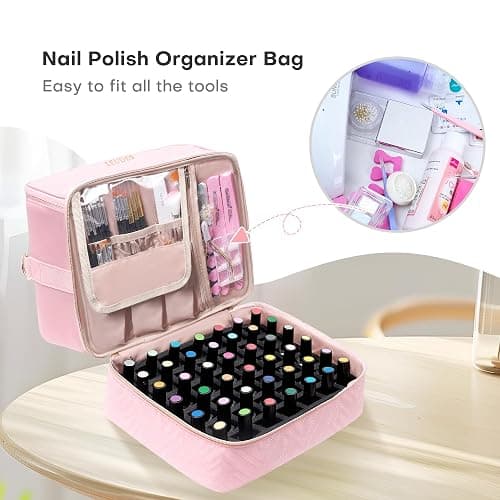 Leudes Nail Polish Organizer and Storage Holder 42 Bottles&Manicure Kit &Nail Lamp,Nail Stuff Bag Organizer Travel Case for Nail Tech Supplies Accessories Manicure Tools (Pink) thumbnail 7