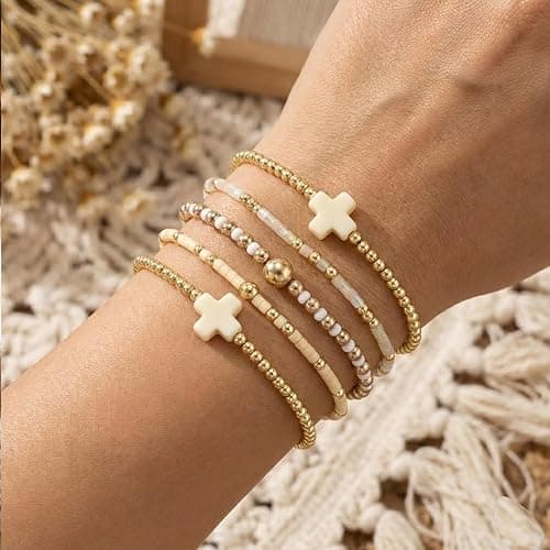 EQUBIO Gold Beaded Cross Bracelet for Women, 14K Plated Adjustable Stackable Dainty Bracelets, Non Tarnish Fashion Jewelry Set Gifts for Women Birthday Friendship thumbnail 6