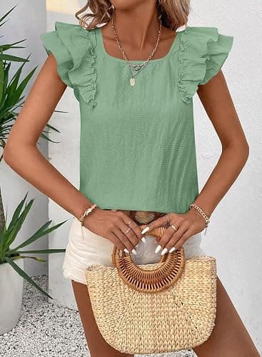 Falechay Womens Bow Tie Back Tops Round Neck Ruffle Short Sleeve Shirts Cute Babydoll Chiffon Tee Women Summer Trendy Tunic thumbnail 6