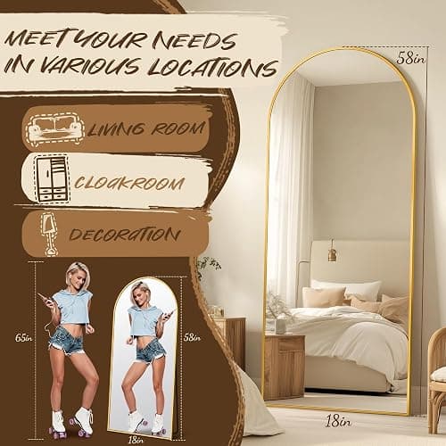 Antok Full Length Mirror, 58"x19" Floor Mirror, Arched Floor Standing Freestanding Arch Full Body Mirrors with Stand for Bedroom, Hanging Mounted for Living Room Cloakroom,Gold thumbnail 7