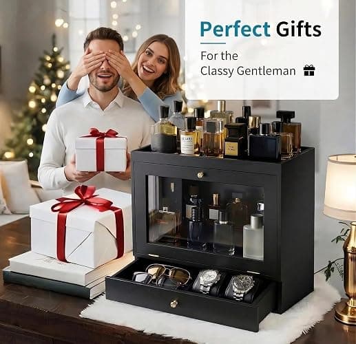 Vellabliss Cologne Organizer for Men, Large Capacity Solid Wood Perfume Organizer with Dustproof Acrylic Door and Drawer Storage, Display Cologne Stand for Dresser, Ideal Gift for Men thumbnail 6